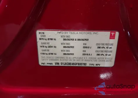 2016 Tesla Model X 75D/P100D/P90D from USA, damaged, VIN 5YJXCBE48GFS00780